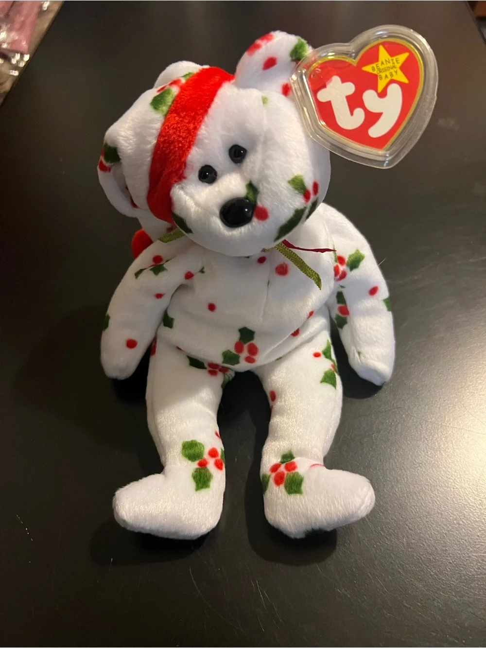 Ty Holiday Beanie Bear with Red & Green Holly Pattern